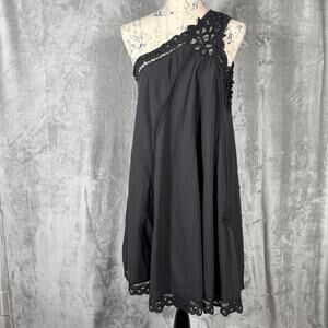 Free People Billie Battenburg One Shoulder Mini Dress Large Black Lace Crochet